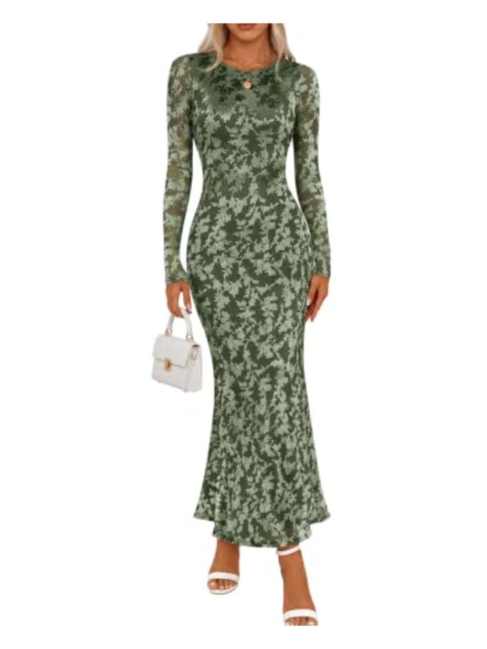 MEROKEETY Women's Long Sleeve Bodycon Maxi Dress Floral Mesh Wedding Guest